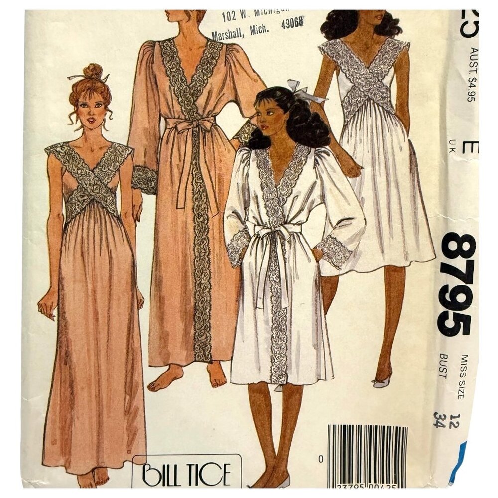 Vintage McCalls 8795 Sewing Pattern Misses Robe & Nightgown Bill Tice Size 12‎
